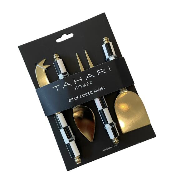 Tahari Home Set of 4 Cheese Knives Black & White Checkered Gold Glam New - Picture 7 of 8